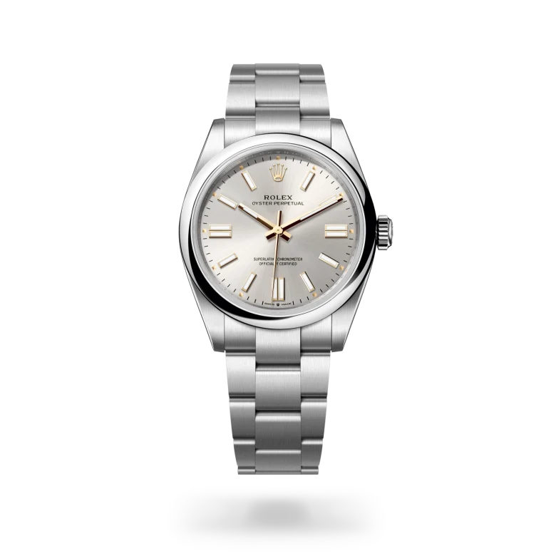 Rolex Oyster Perpetual 41 in Oystersteel with domed bezel, silver sunray dial with applied index hour markers, and three-piece Oyster bracelet with Oysterclasp. - Chang Ein Hong