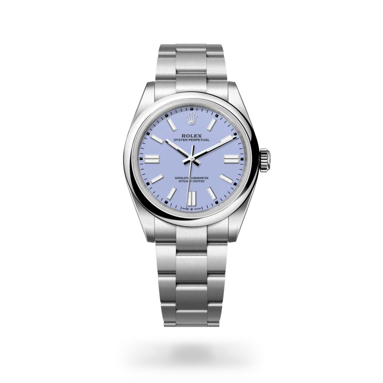 Rolex Oyster Perpetual 41 in Oystersteel with domed bezel, lavender lacquer dial with applied index hour markers, and three-piece Oyster bracelet with Oysterclasp. - Chang Ein Hong