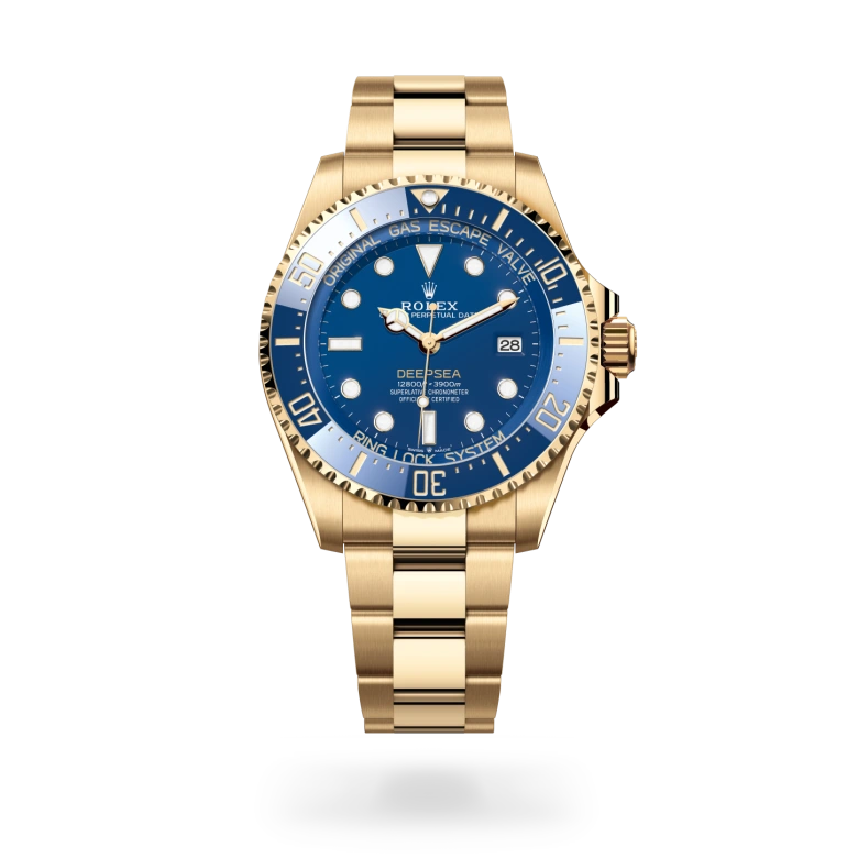 Rolex Deepsea in 18 ct yellow gold with blue dial, unidirectional rotatable blue Cerachrom bezel, Ring Lock System and Oyster bracelet - Chang Ein Hong