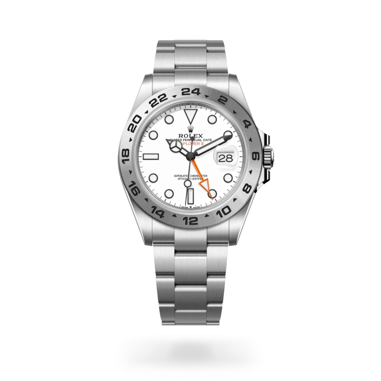 Rolex Explorer II in Oystersteel with white dial, orange GMT hand, 24-hour graduated fixed bezel and Oyster bracelet - Chang Ein Hong