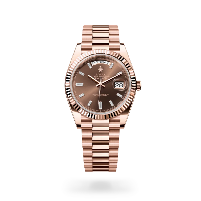 Rolex Day-Date 40 in 18ct Everose gold with fluted bezel, chocolate sunray dial set with 10 baguette-cut diamonds, day and date displays, and President bracelet. - Chang Ein Hong