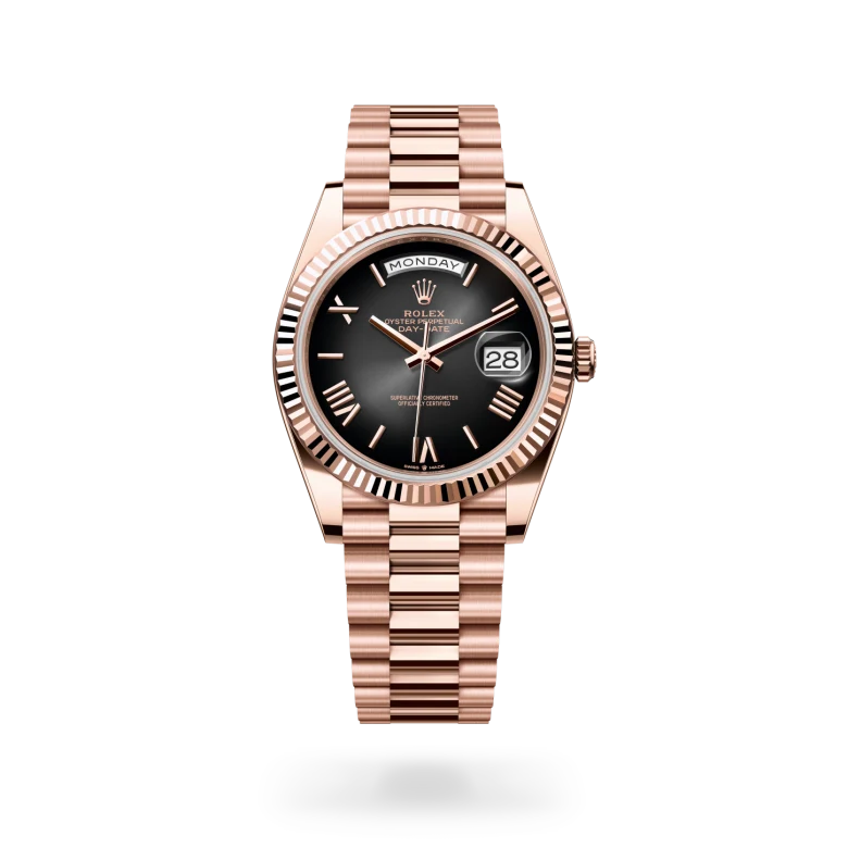 Rolex Day-Date 40 in 18 ct Everose gold with slate ombré dial, index hour markers, fluted Everose gold bezel and President bracelet - Chang Ein Hong