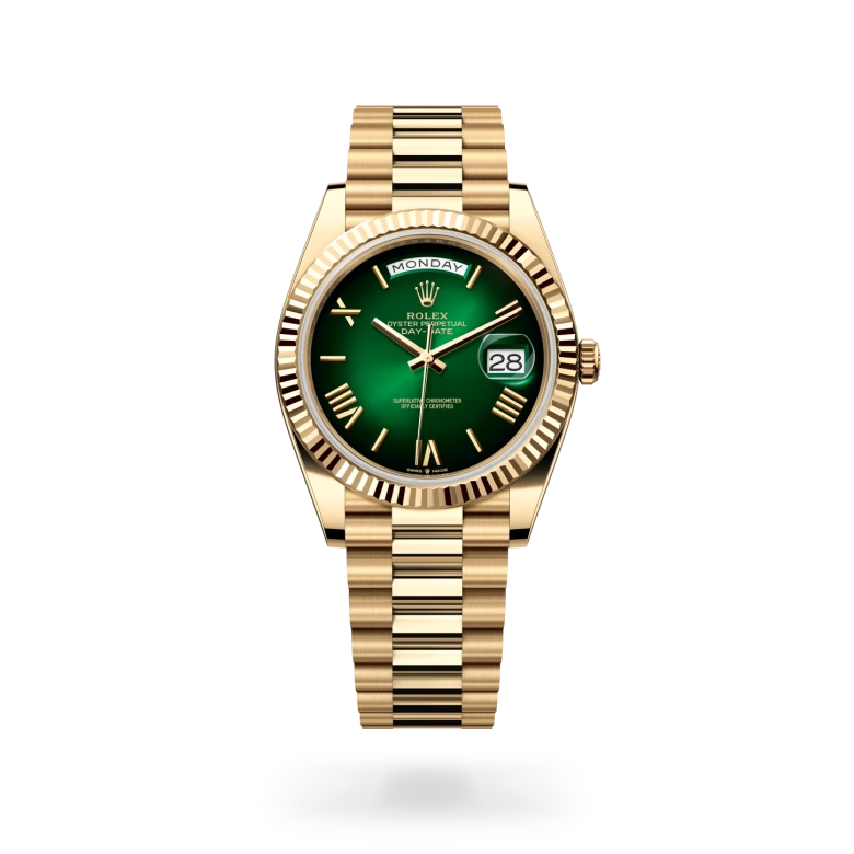 Rolex Day-Date 40 in 18 ct yellow gold with green ombré dial, Roman numeral hour markers, fluted yellow gold bezel and President bracelet - Chang Ein Hong