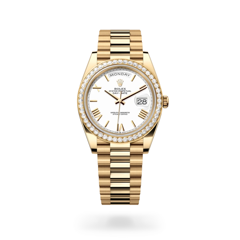 Rolex Day-Date 40 in 18ct yellow gold with diamond-set bezel, white lacquer Roman numeral dial, day and date displays, and President bracelet. - Chang Ein Hong