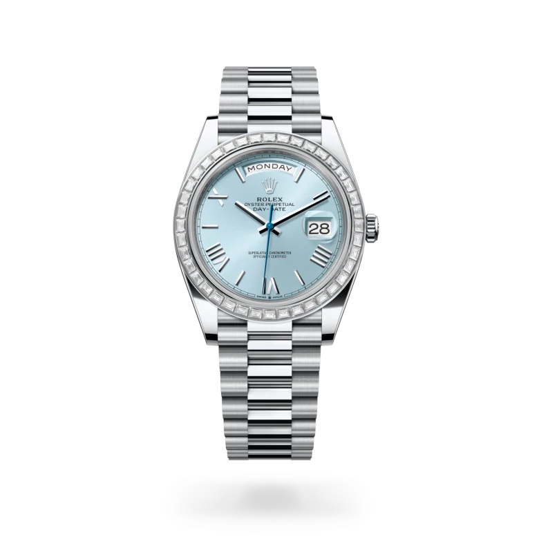 Rolex Day-Date 40 in platinum with trapeze-cut diamond bezel, ice-blue sunray Roman numeral dial, day and date displays, and President bracelet. - Chang Ein Hong