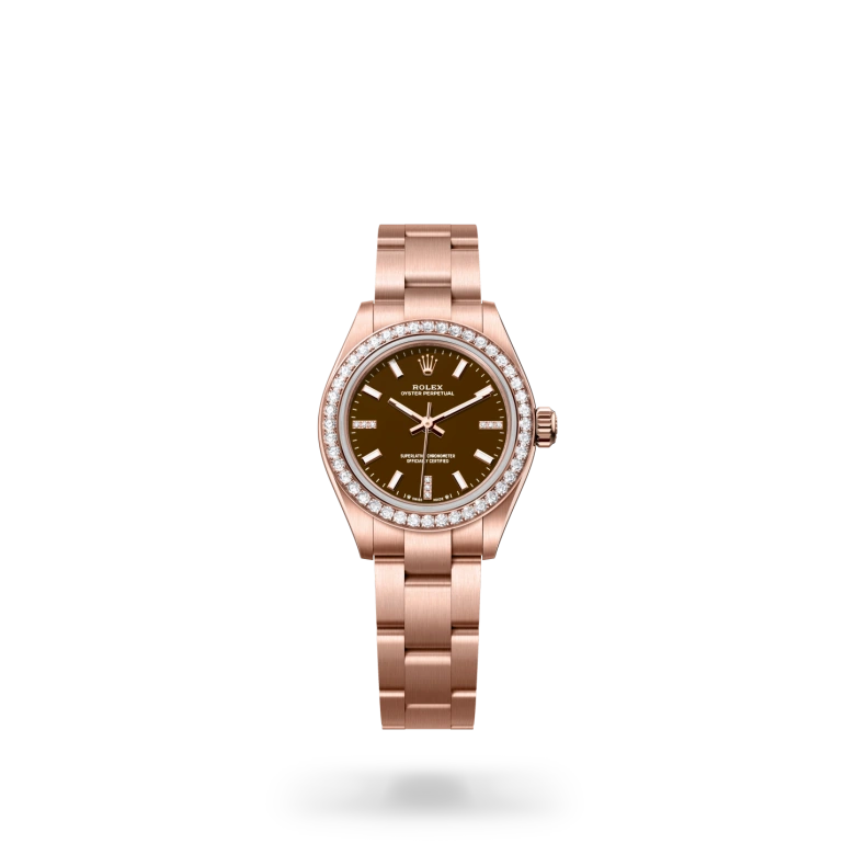 Rolex Oyster Perpetual 28 in 18ct Everose gold with diamond-set bezel, brown stone dial set with diamonds at 3, 6 and 9, and three-piece Oyster bracelet with Oysterclasp. - Chang Ein Hong