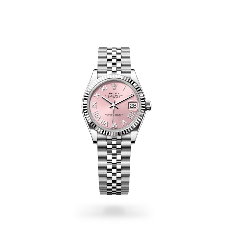 Rolex Datejust 31 in White Rolesor with fluted white gold bezel, pink sunray Roman numeral dial, date aperture at 3 o'clock, and five-piece Jubilee bracelet with Crownclasp. - Chang Ein Hong