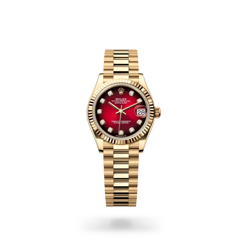 Rolex Datejust 31 in 18ct yellow gold with fluted bezel, red ombre dial set with diamonds in 18ct gold settings, date aperture at 3 o'clock, and President bracelet. - Chang Ein Hong