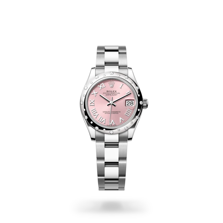 Rolex Datejust 31 in White Rolesor with domed diamond-set bezel, pink sunray Roman numeral dial, date aperture at 3 o'clock, and three-piece Oyster bracelet with Oysterclasp. - Chang Ein Hong