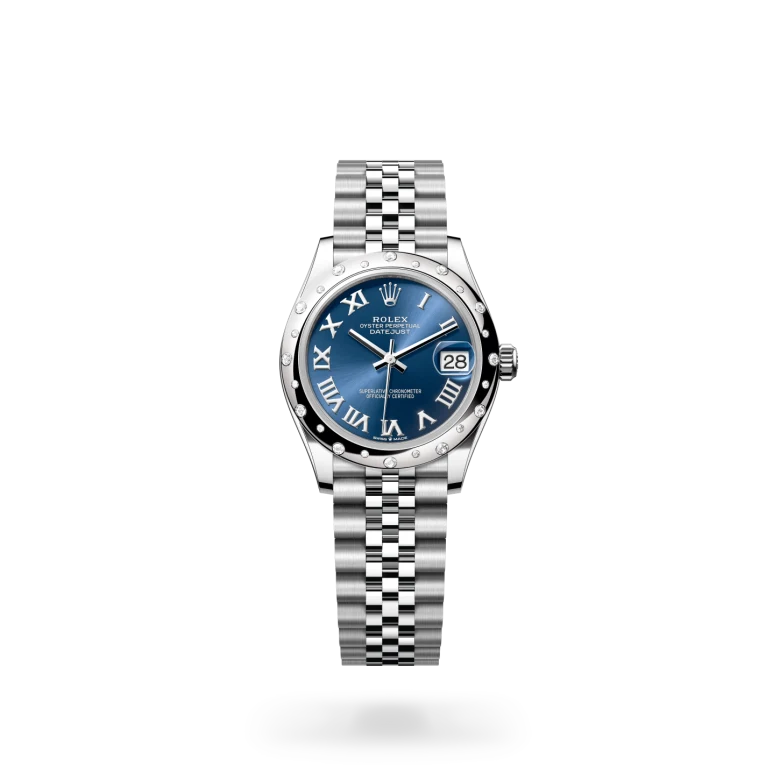 Rolex Datejust 31 in White Rolesor with domed diamond-set bezel, bright blue sunray Roman numeral dial, date aperture at 3 o'clock, and five-piece Jubilee bracelet with Crownclasp. - Chang Ein Hong