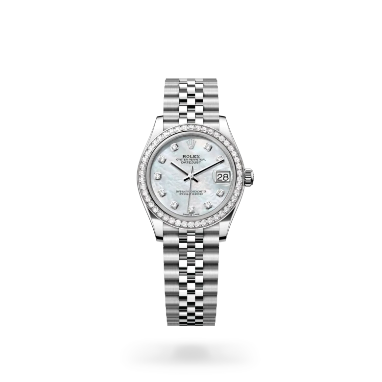 Rolex Datejust 31 in white Rolesor with white mother-of-pearl dial, diamond hour markers, diamond-set bezel and Jubilee bracelet - Chang Ein Hong