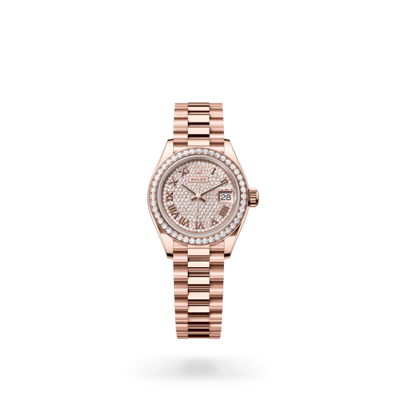 Rolex Lady-Datejust 28 in 18ct Everose gold with diamond-set bezel, diamond-paved dial set with 291 diamonds, date aperture at 3 o'clock, and President bracelet. - Chang Ein Hong