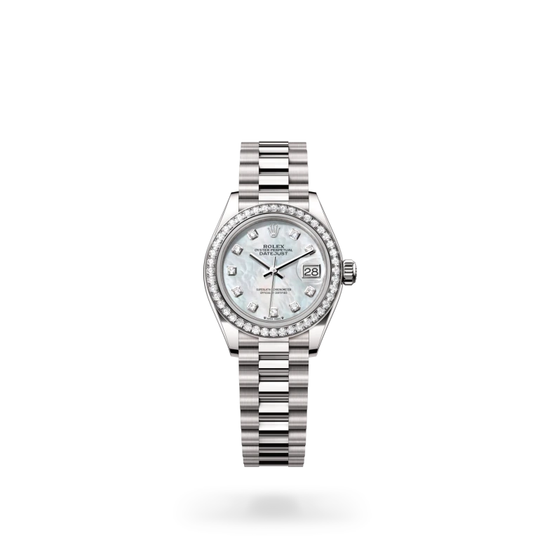 Rolex Lady-Datejust 28 in 18ct white gold with diamond-set bezel, white mother-of-pearl dial set with diamonds in 18ct gold settings, date aperture at 3 o'clock, and President bracelet. - Chang Ein Hong
