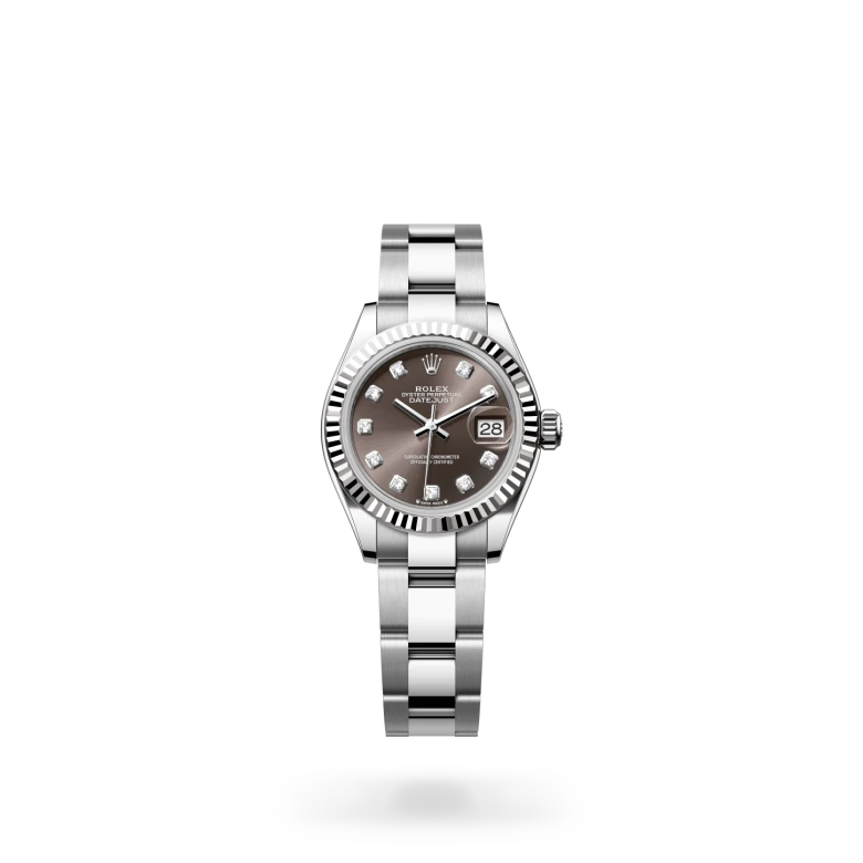 Rolex Lady-Datejust 28 in White Rolesor with fluted white gold bezel, dark grey sunray dial set with diamonds in 18ct gold settings, date aperture at 3 o'clock, and Oyster bracelet with Oysterclasp. - Chang Ein Hong