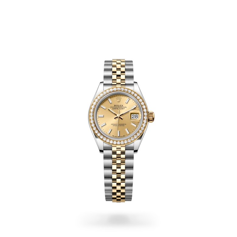 Rolex Lady-Datejust 28 in Yellow Rolesor with diamond-set bezel, champagne-colour sunray index dial, date aperture at 3 o'clock, and five-piece Jubilee bracelet with Crownclasp. - Chang Ein Hong