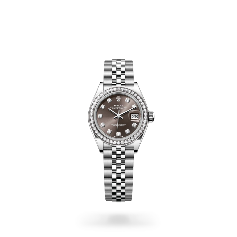 Rolex Lady-Datejust 28 in White Rolesor with diamond-set bezel, dark grey dial set with diamonds in 18ct gold settings, date aperture at 3 o'clock, and five-piece Jubilee bracelet with Crownclasp. - Chang Ein Hong