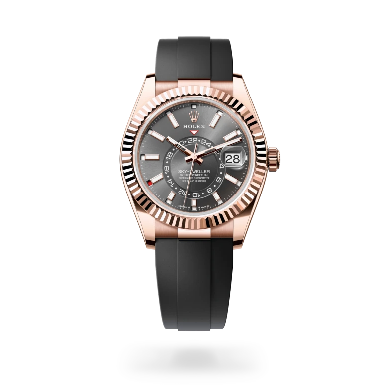 Rolex Sky-Dweller 42 in 18ct Everose gold with fluted Ring Command bezel, slate sunray index dial, day and date displays, and black Oysterflex bracelet. - Chang Ein Hong