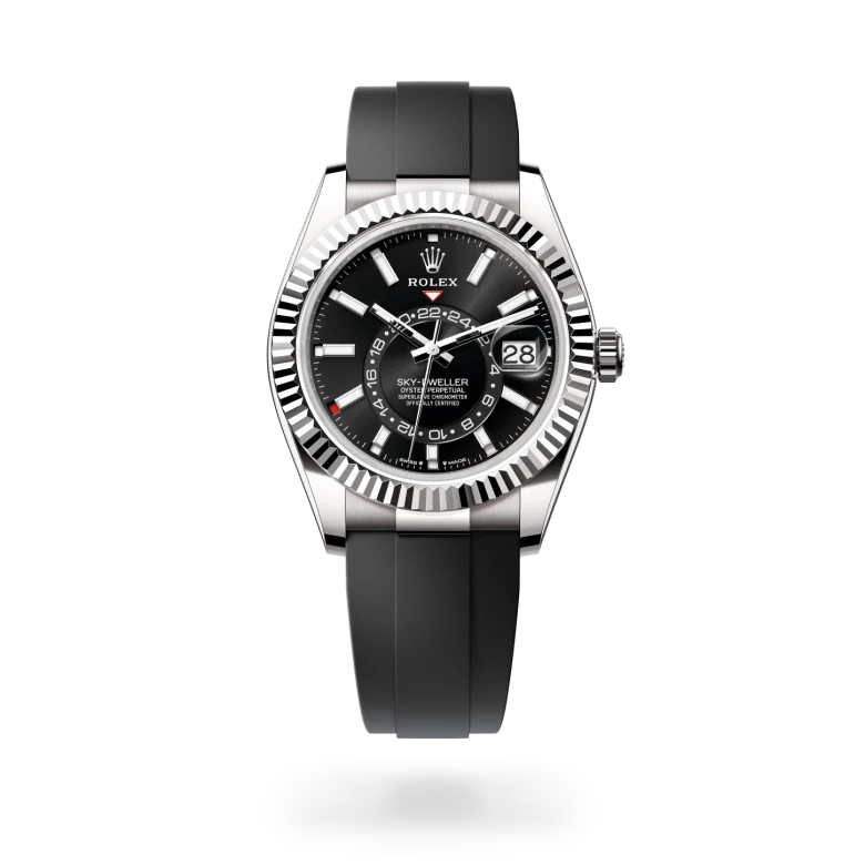 Rolex Sky-Dweller in 18 ct white gold with black dial, index hour markers, fluted white gold bezel and Oysterflex bracelet - Chang Ein Hong