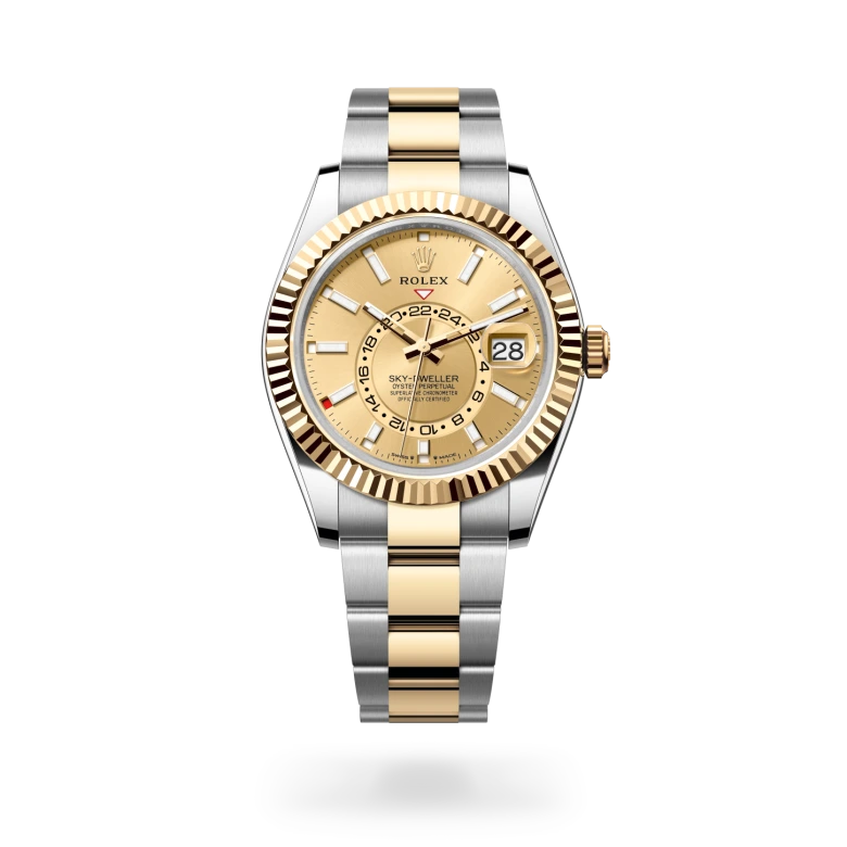 Rolex Sky-Dweller in yellow Rolesor with champagne dial, index hour markers, fluted yellow gold bezel and Oyster bracelet - Chang Ein Hong