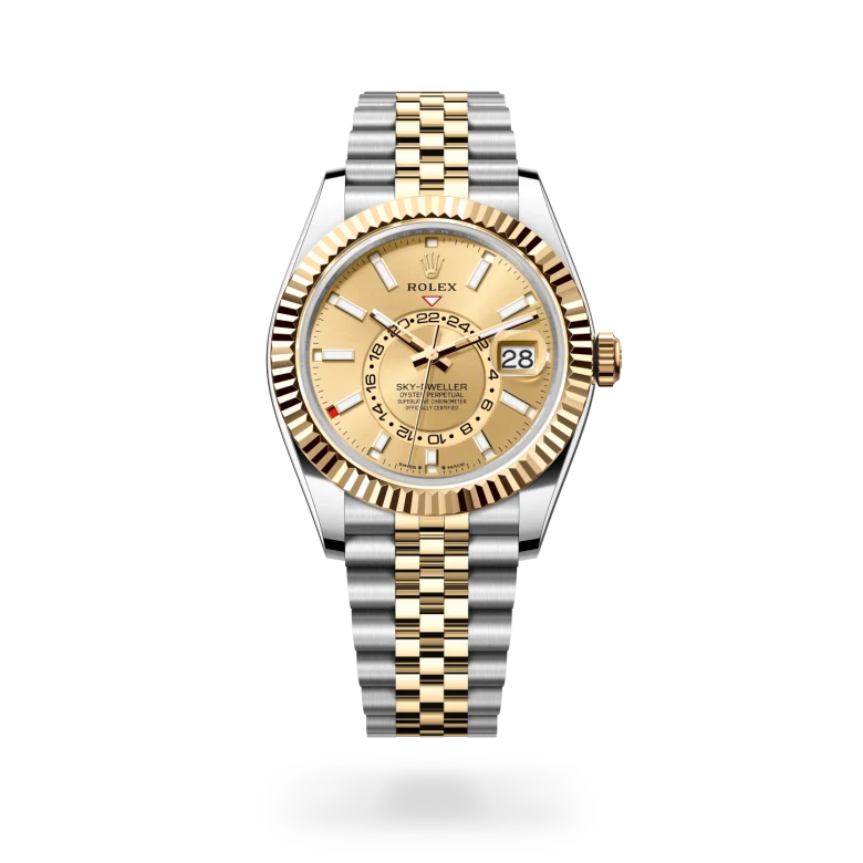 Rolex Sky-Dweller 42 in Yellow Rolesor with fluted Ring Command bezel, champagne-colour sunray index dial, day and date displays, and five-piece Jubilee bracelet. - Chang Ein Hong