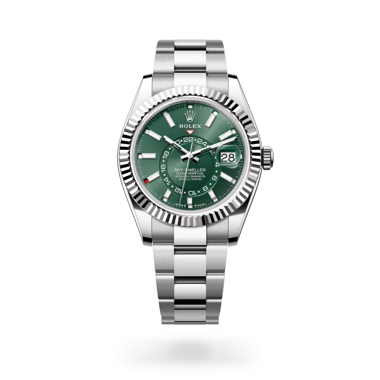 Rolex Sky-Dweller in white Rolesor with mint green dial, index hour markers, fluted white gold bezel and Oyster bracelet - Chang Ein Hong