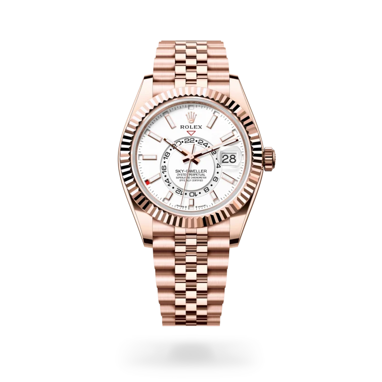 Rolex Sky-Dweller 42 in 18ct Everose gold with fluted Ring Command bezel, intense white index dial, day and date displays, and five-piece Jubilee bracelet. - Chang Ein Hong