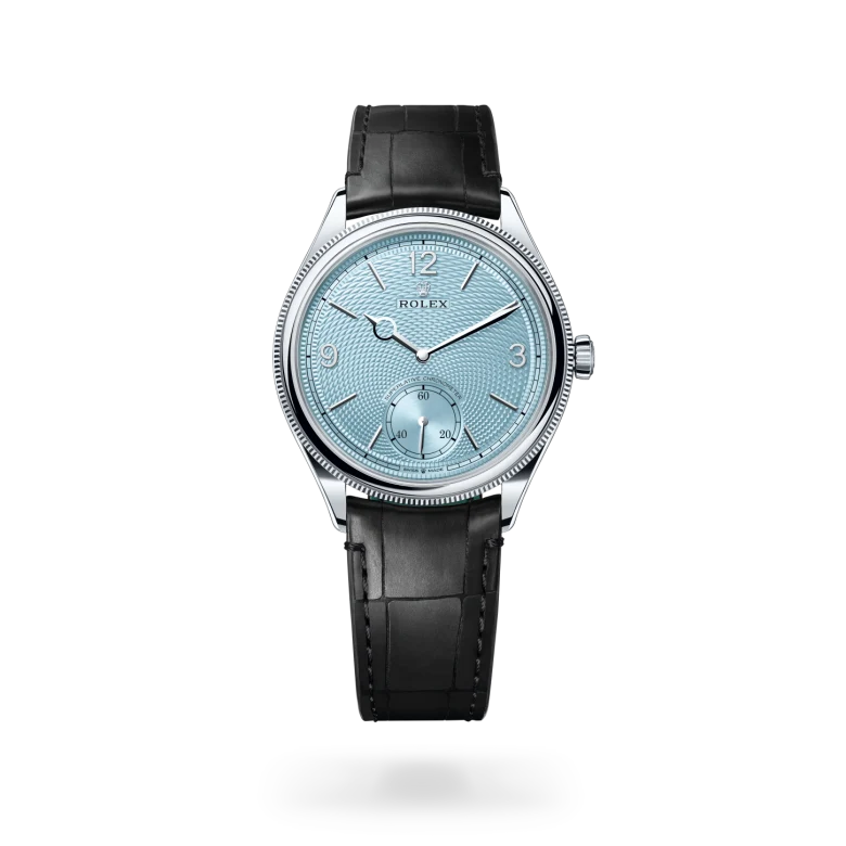 Rolex Perpetual 1908 in 18 ct white gold with ice blue guilloché dial, fluted bezel and Superlative Chronometer small seconds at 6 o'clock - Chang Ein Hong