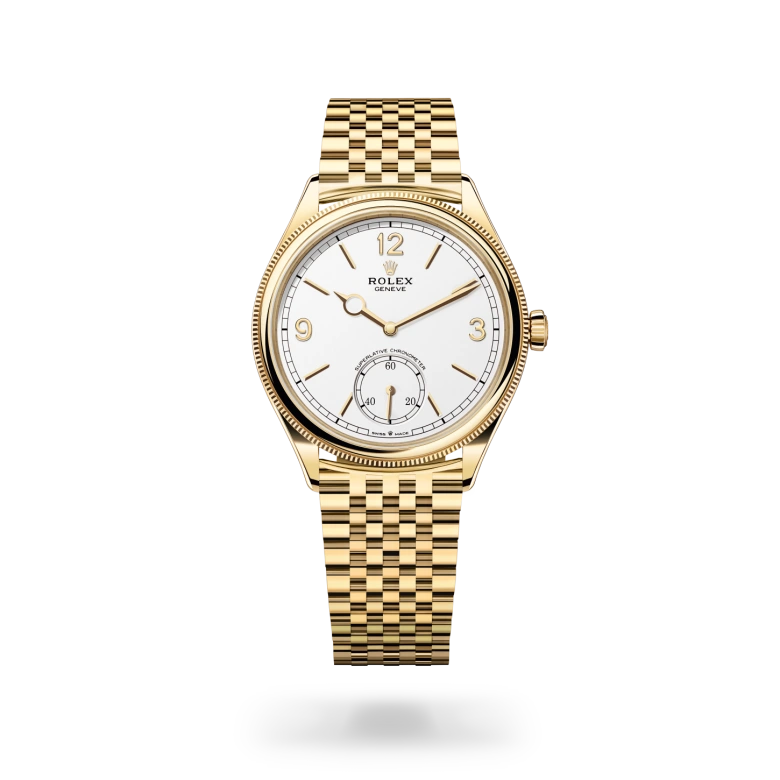 Rolex Perpetual 1908 in 18 ct yellow gold with white lacquer dial, fluted bezel, Rolex Geneve inscription and Jubilee bracelet - Chang Ein Hong