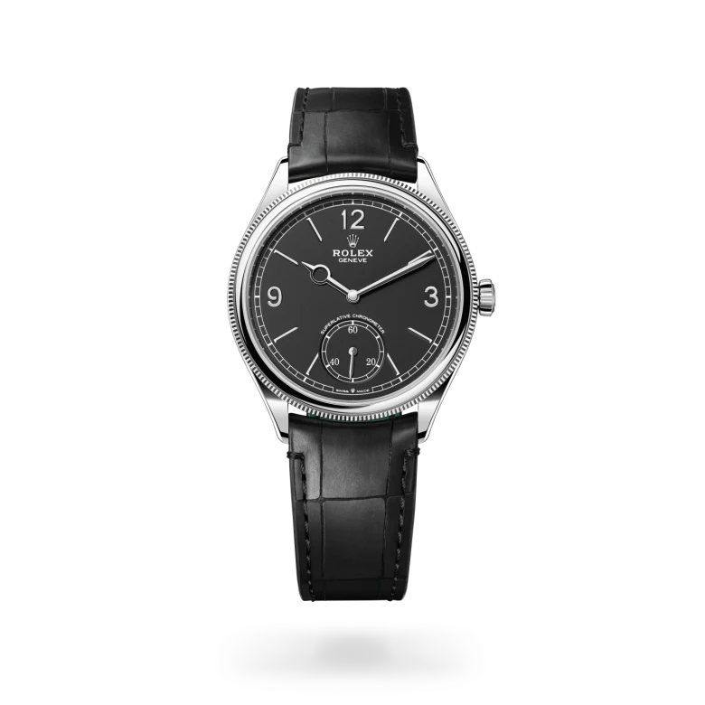 Rolex Perpetual 1908 in 18 ct white gold with intense black dial, fluted bezel and Superlative Chronometer small seconds subdial - Chang Ein Hong