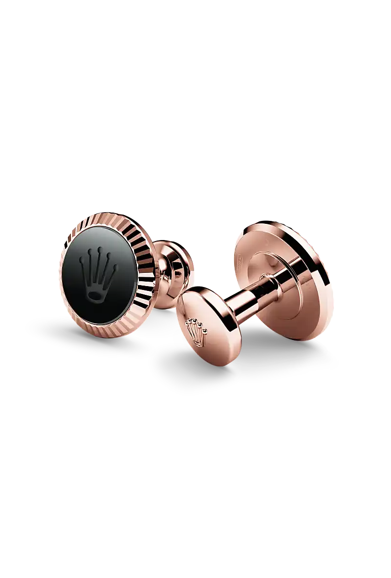 Rolex ‘Fluted’ cufflinks made of 18 ct Everose gold featuring the signature Rolex fluting, Cerachrom insert and Rolex crown. - Chang Ein Hong