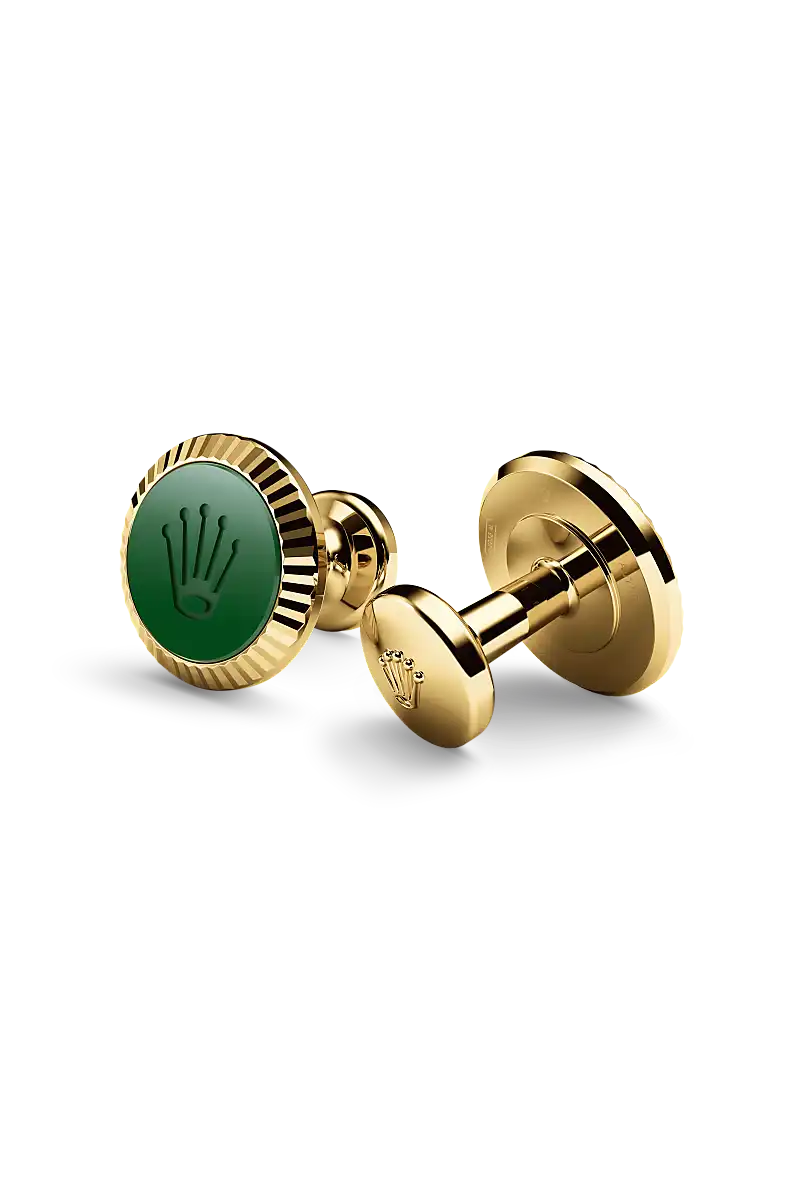 Rolex ‘Fluted’ cufflinks made of 18 ct yellow gold featuring the signature Rolex fluting, Cerachrom insert and Rolex crown. - Chang Ein Hong