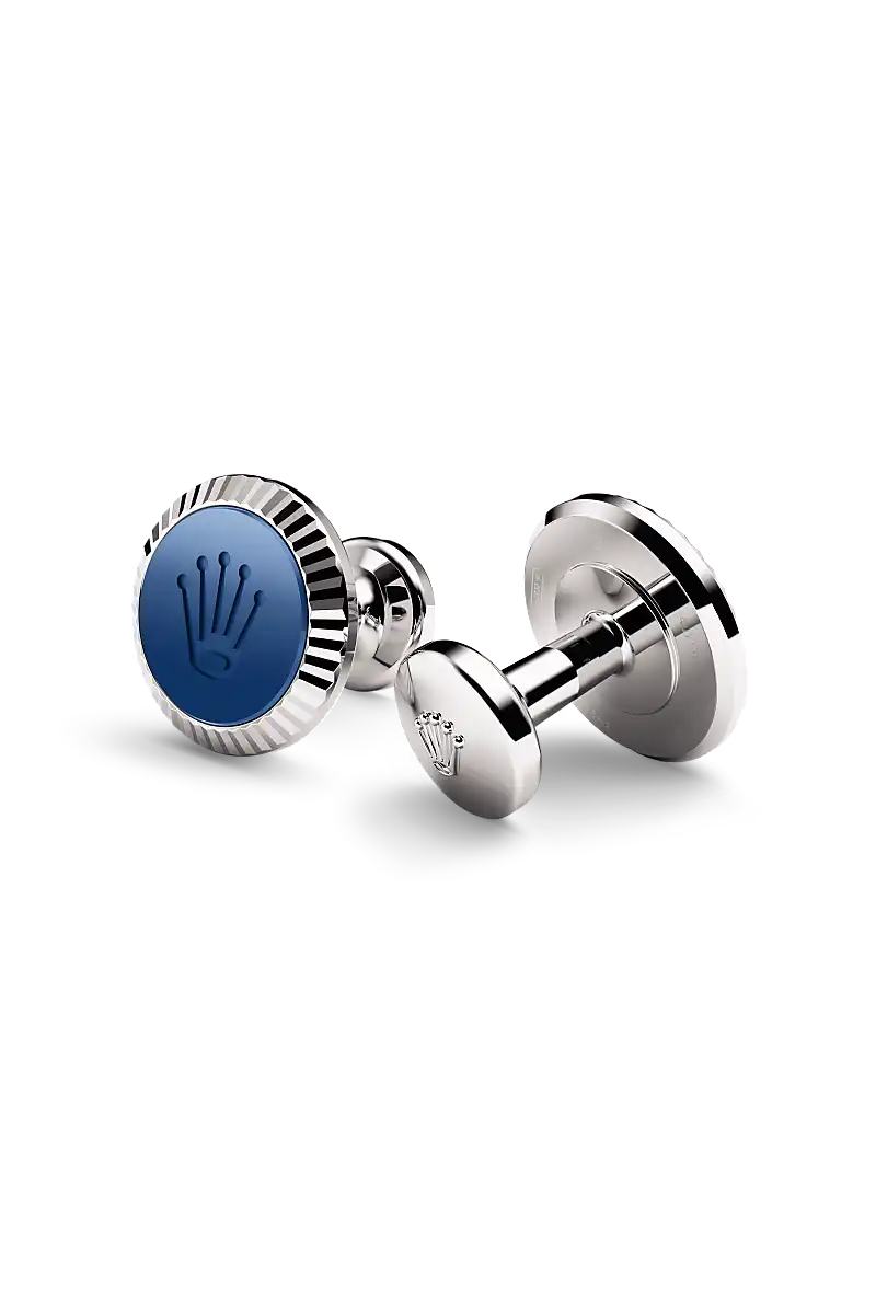 Rolex ‘Fluted’ cufflinks made of 18 ct white gold featuring the signature Rolex fluting, Cerachrom insert and Rolex crown. - Chang Ein Hong